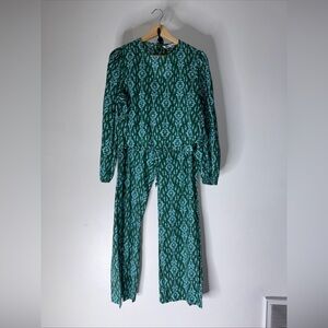 NWT Zara 2 Piece Green Blue Batik Print Top And Trousers Size Small